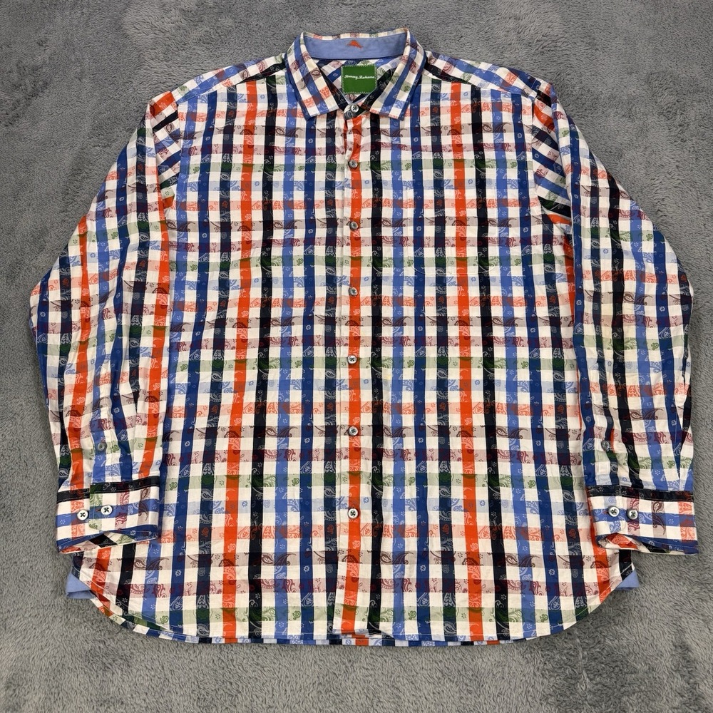 Tommy Bahama Gingham Paisley Shirt Men XL Orange Blue Check Plaid Button Front